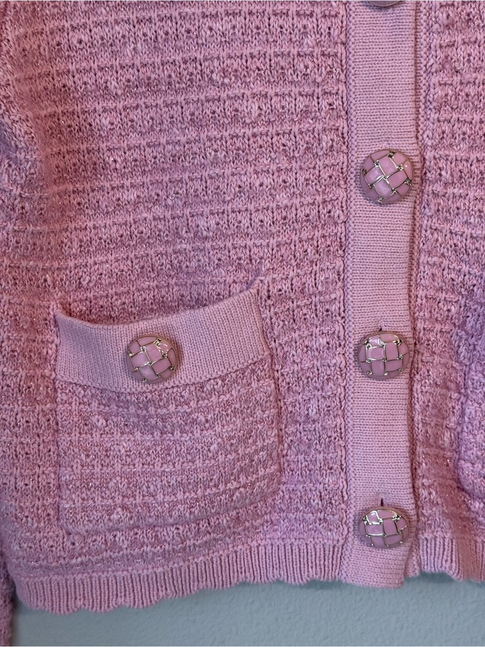 Jessica Simpson Pink Tweed Knit Cropped Button Up Sweater Women’s Size Small - Picture 3 of 7